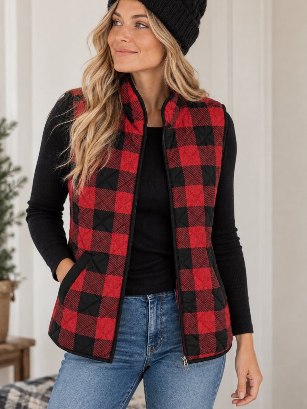 675 -Karen Scott Sport XS Red Black Buffalo Plaid Quilted Vest